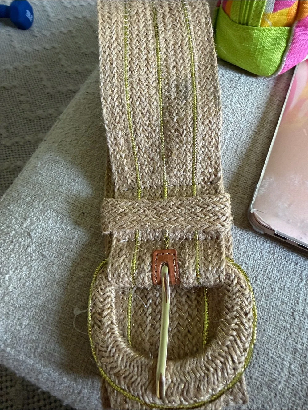 Anthropologie Tan Woven Straw Belt with Lime Stitching